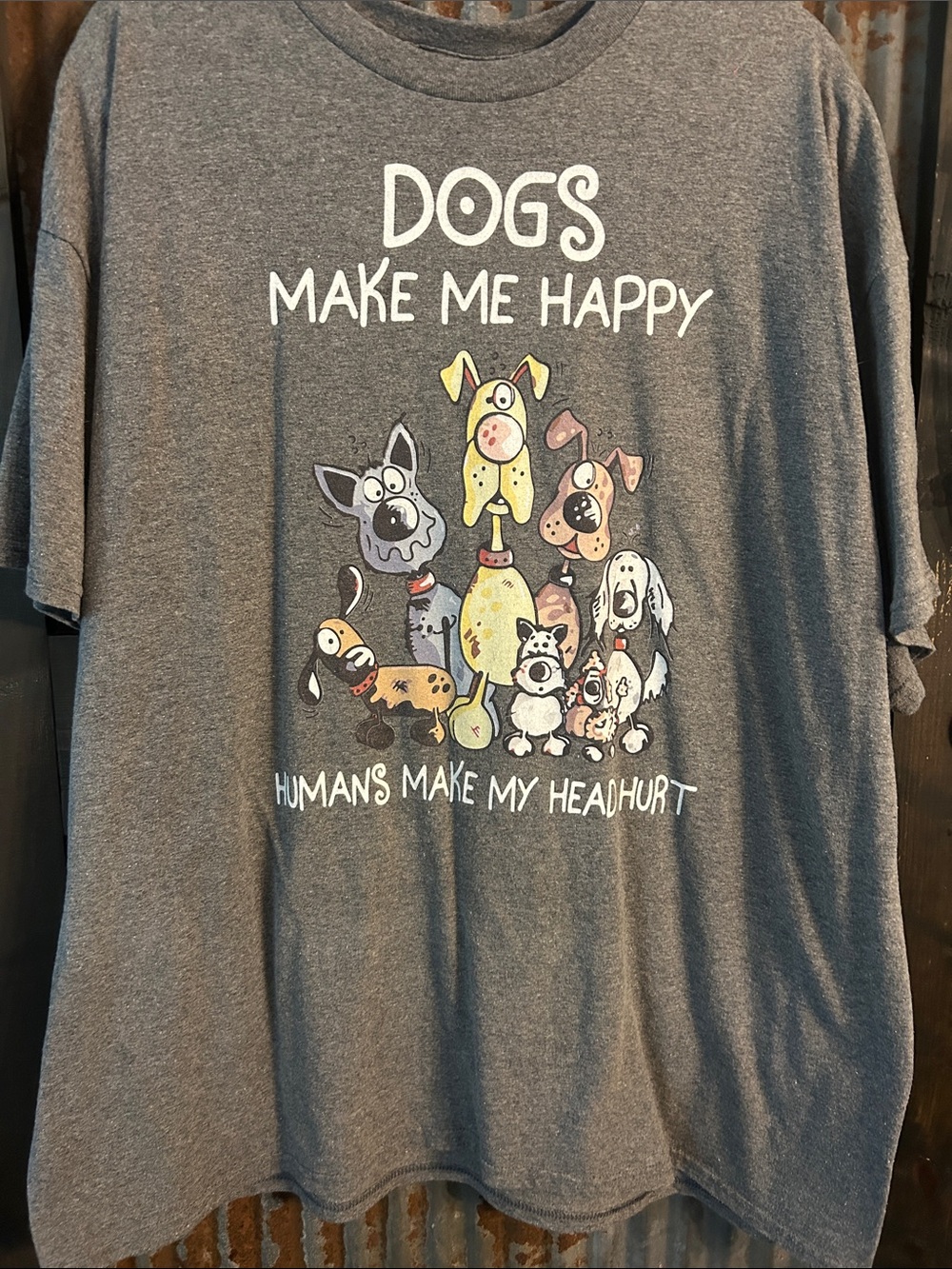 Gildan Gray Tee with Colorful Cartoon Dogs Graphic 3X